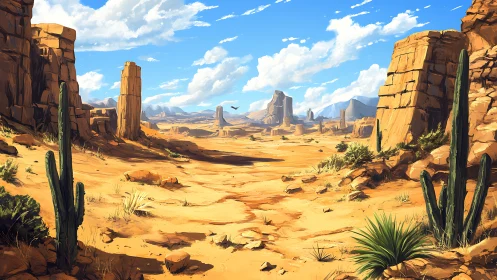 Desert canyon landscape shows rocky cliffs and cacti