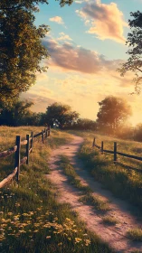 Sunlit country path winding through golden meadow calm.