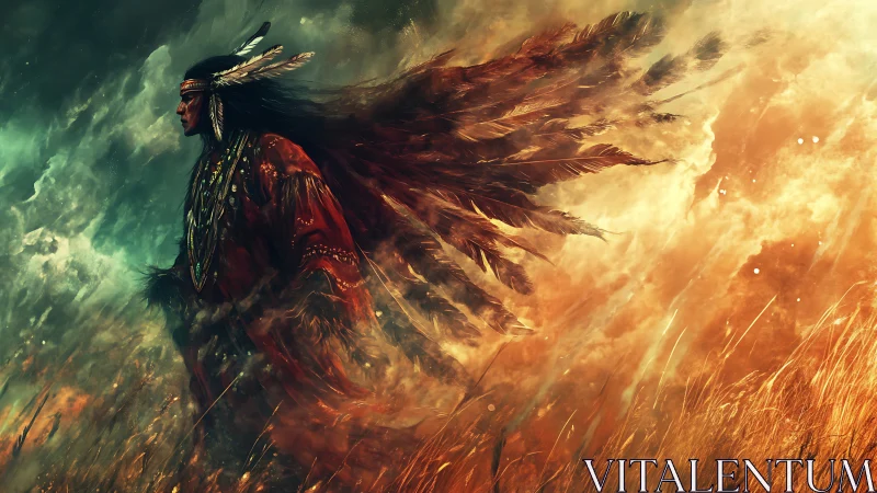 Windborne feathered warrior walking the edge of storm and fire.