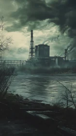 Moody riverside factory looms under heavy storm clouds