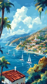 Sunny seaside village and sailboats in a bright blue bay.