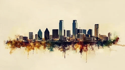 Urban skyline is rendered with abstract watercolor foreground