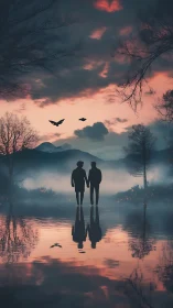 Silhouetted lovers trade secrets with the dusk-tinted lake