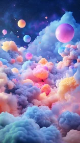 Floating pastel spheres drift above dense colorful clouds