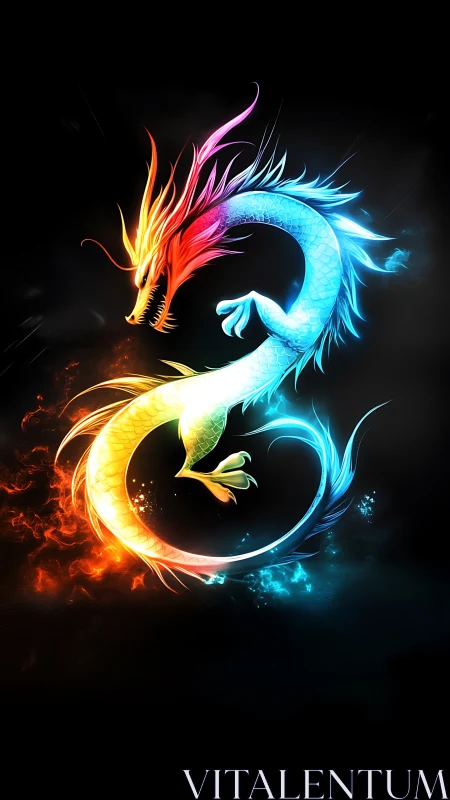 Fire and ice dragon swirling in glowing neon harmony.