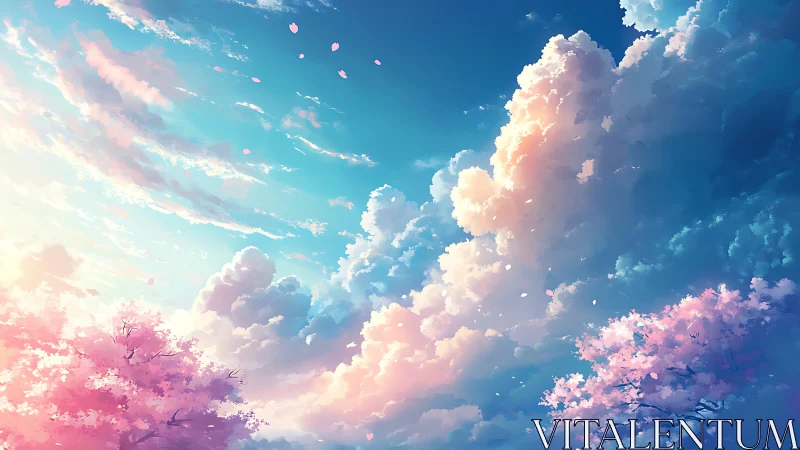 Pastel clouds rise over luminous spring sakura canopy.