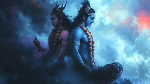 Twin blue deities sit back to back within contrasting clouds