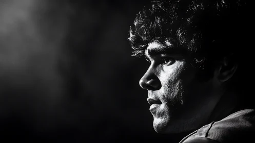 Side-lit male portrait in high-contrast monochrome study.