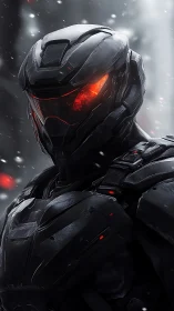 Armored futuristic soldier with red visor in snowfall.