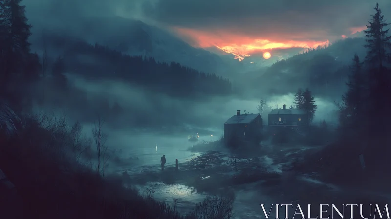 Foggy mountain lakeside houses under dramatic red sunset