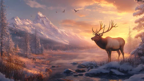 Bull elk beside winter river under alpine sunrise light.