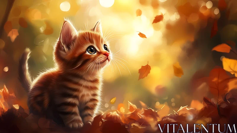 Orange tabby kitten gazes upward among autumn leaves.