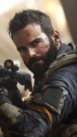 Focused tactical hero aiming forward in soft golden light.