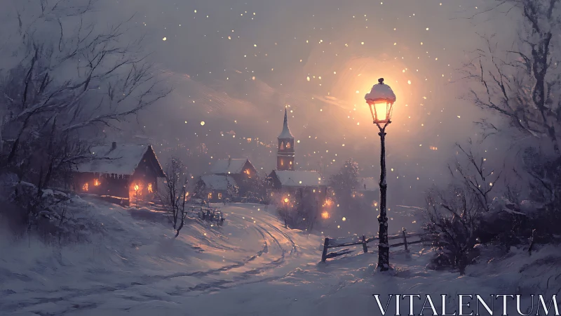 Lamplight halo over a storybook village in swirling snow.