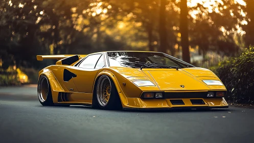 Low-slung yellow supercar glows against a golden forest road