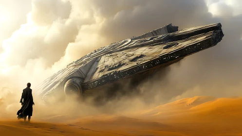 Cinematic digital painting of crashed starship in desert haze.