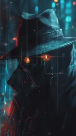 Cybernetic detective silhouette stalks neon-drenched alley.