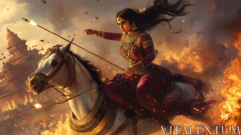 Fierce warrior queen on horseback in dramatic historic battle scene.