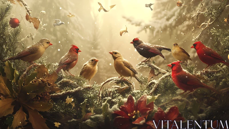 Festive Cardinals and Songbirds in Snowy Pine Branches, Realistic Art.