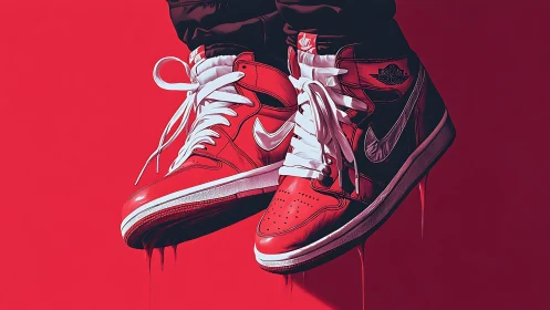 Red high-top sneakers drip over bold monochrome background.