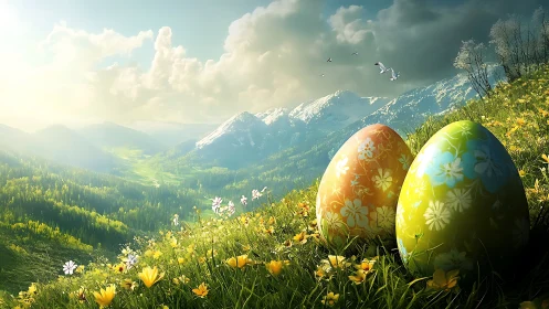 Floral Easter eggs rest on a luminous alpine meadow slope