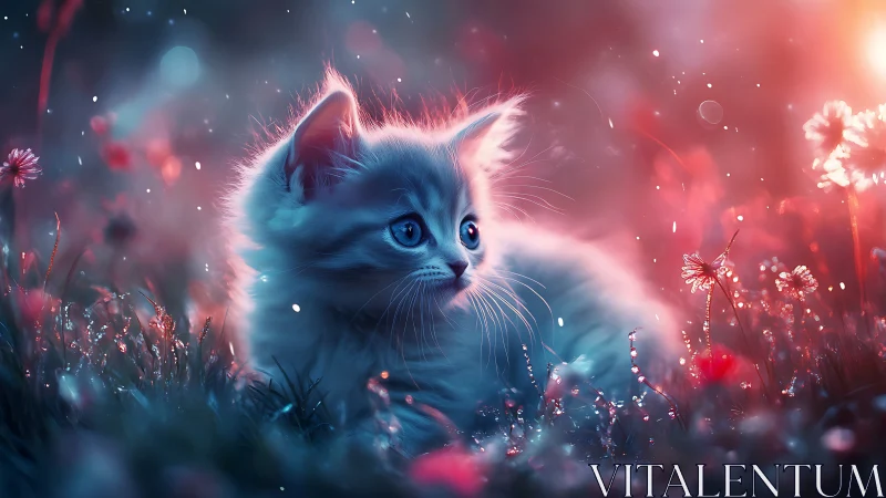 Kitten in Fantasy Floral Field with Pink and Blue Light