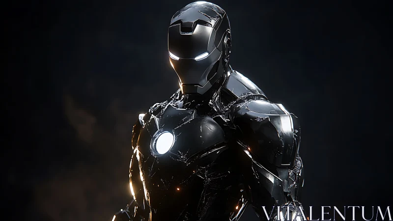 Chromed exosuit hero in cinematic keylight against void backdrop.