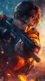 Battle-hardened soldier aims rifle through blazing crossfire