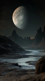 Lunar surface dominates sky above rocky alien valley