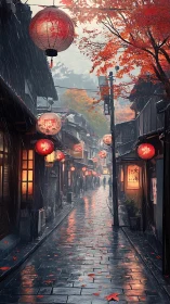 Cozy lantern lit alleyway glowing through gentle autumn rain.