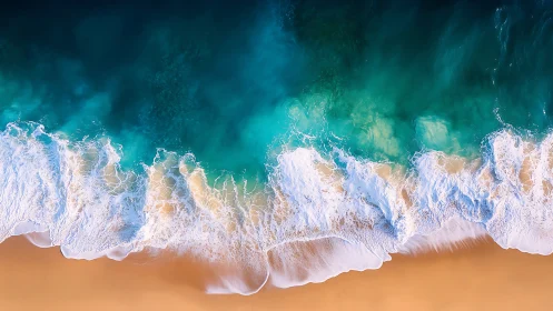 Rolling turquoise waves gently kiss a quiet golden shore