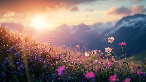 Mountain meadow with wildflowers at sunset.