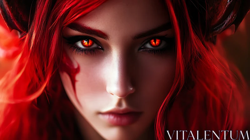 Demonic red haired woman stares forward with glowing eyes