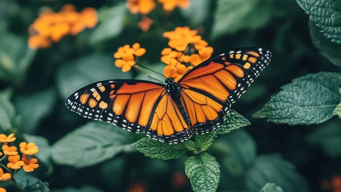 Orange butterfly rests with wings spread on clustered flowers