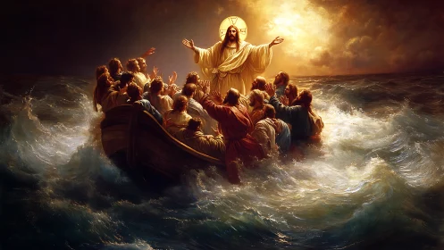 Sacred figure calming stormy sea around wooden fishing boat.