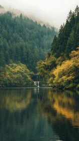 Misty forest waterfall reflected in a calm autumn lake.
