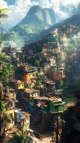 Vertical favela landscape integrates with misty tropical mountains