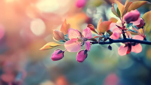 Spring Blossoms on Branch with Soft Bokeh Background.