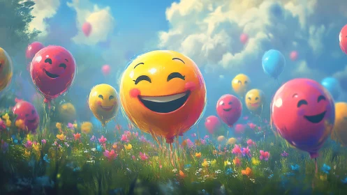 Laughing smiley balloons drift through a dream-bright meadow.