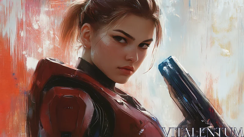 Armored sci fi heroine stares ahead in vivid battle light