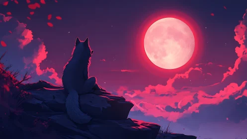 Wolf silhouette observes large red moon over clouded horizon