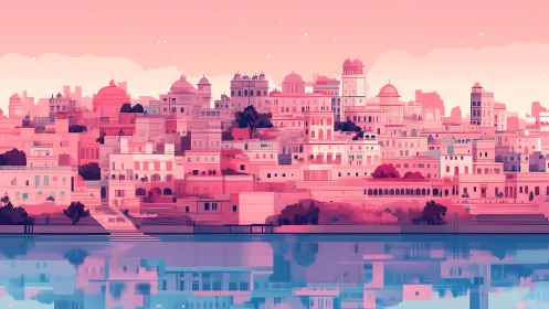 Sunset-warmed lakeside city glowing in soft pastel light.