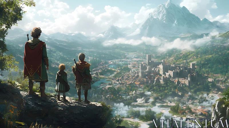 Fantasy mountain kingdom viewed by cloaked travelers.