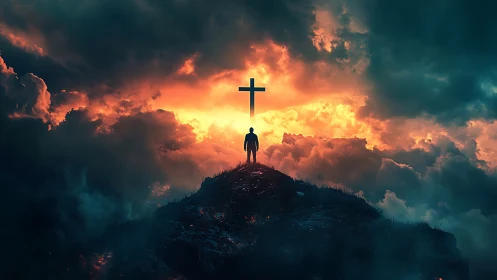 Lone figure on a fiery hill beneath a radiant cross sky.