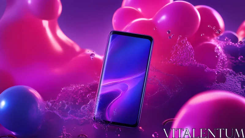 Modern smartphone in vibrant neon abstract setting, digital art style.