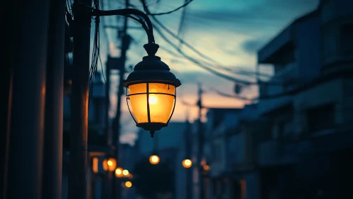 Warm street lantern glows against cool dusk urban bokeh field