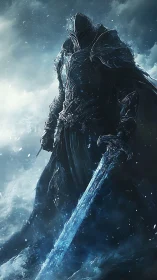 Dark armored warrior holding a glowing icy greatsword.