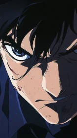Intense anime close-up with hard cel shading and dramatic chiaroscuro