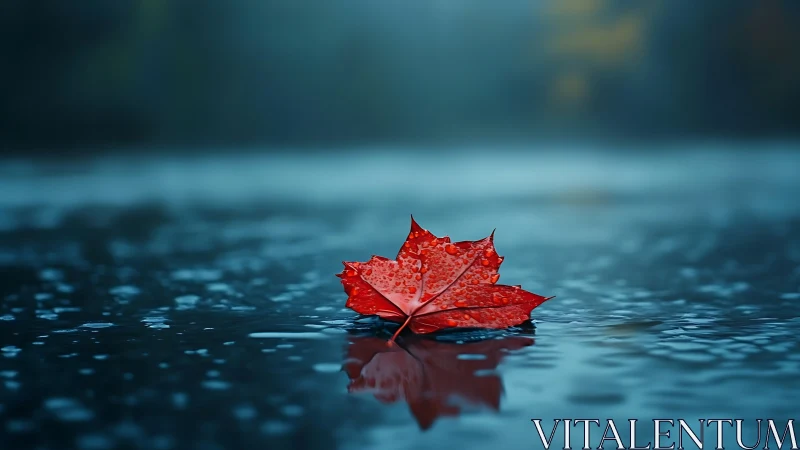 Red maple leaf on rainy reflective water surface at dusk.