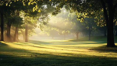 Low-angled sunrise casts volumetric rays across forest lawn